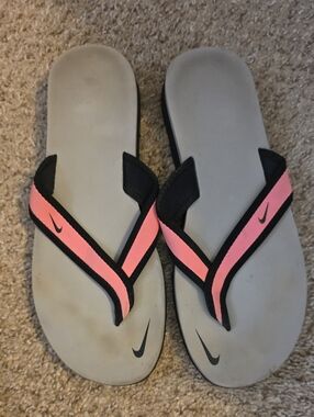 Nike Pink and Black Women's Flip Flops with Gray Footbeds